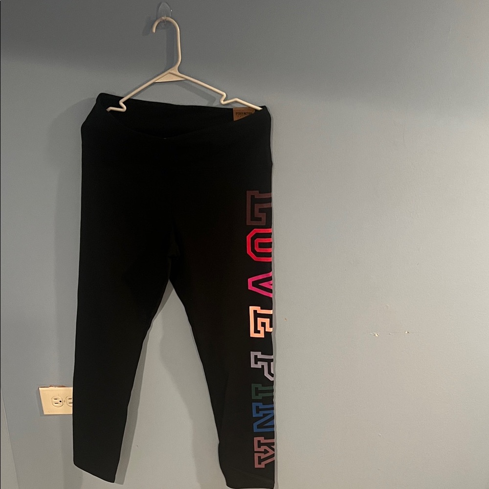 PINK Victoria's Secret Black Leggings with Multicolor Lettering